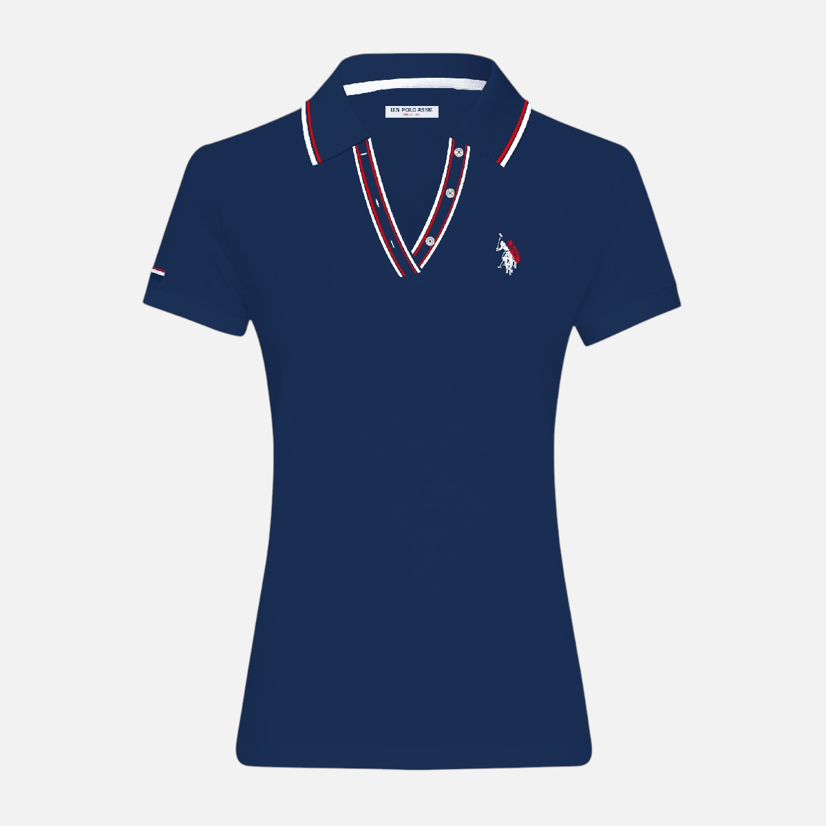 Camiseta polo azul marino para mujer de www.treshop.com.co con cuello en V, detalles a rayas y logo bordado