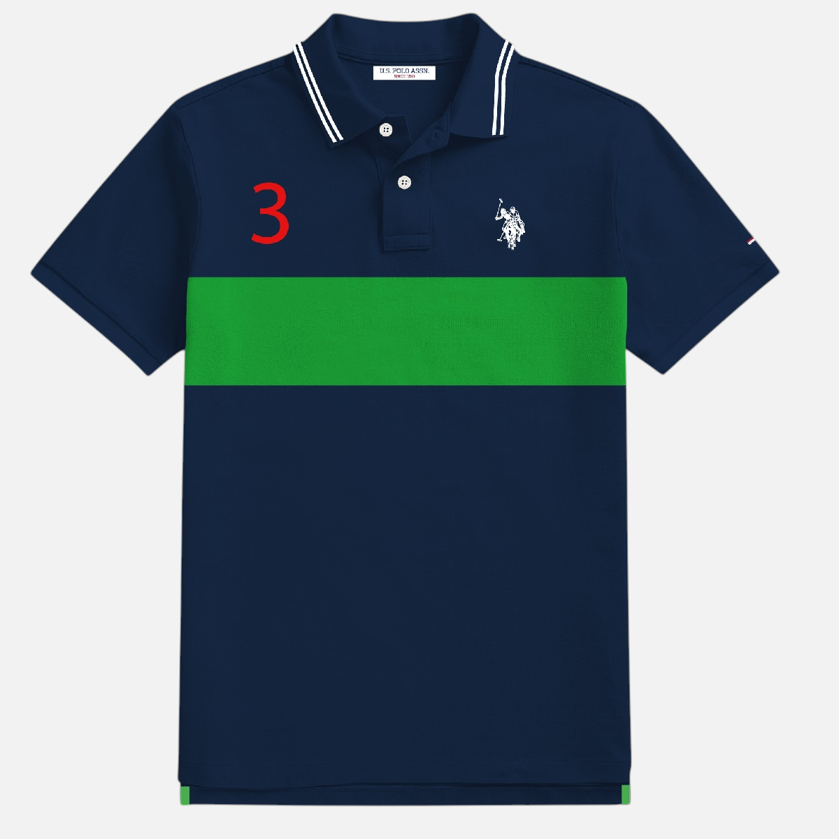 Polo www.treshop.com.co azul marino con franja verde, número 3 rojo y logo bordado, corte amplio para hombre