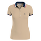 Polo beige para mujer www.treshop.com.co con cuello y puños en contraste azul, blanco y rojo y logo bordado