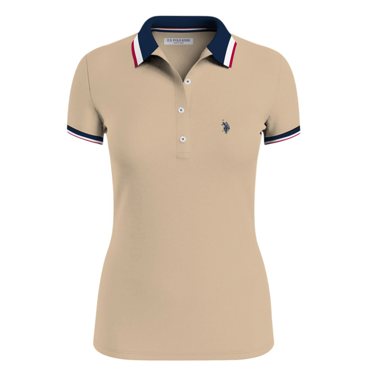 Polo beige para mujer www.treshop.com.co con cuello y puños en contraste azul, blanco y rojo y logo bordado