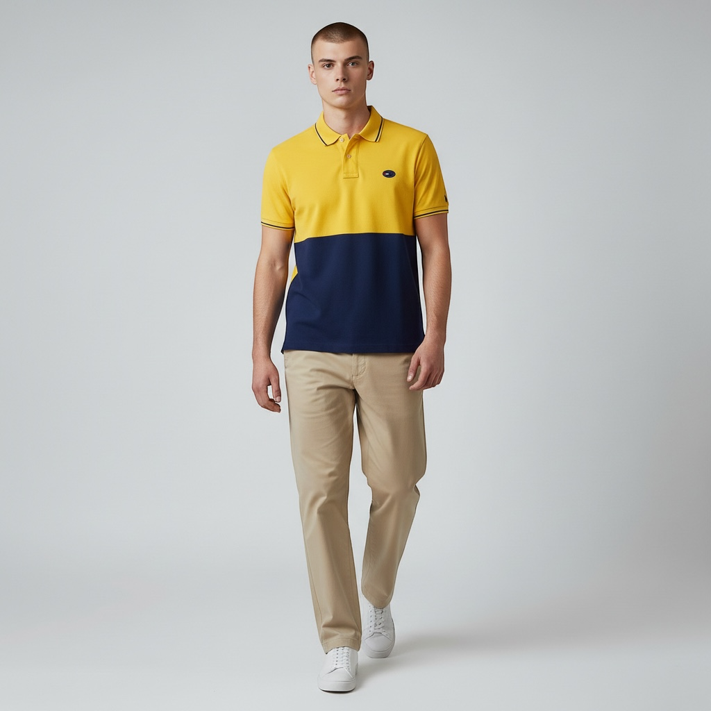 Modelo vistiendo polo bicolor amarillo y azul marino de www.treshop.com.co con pantalones chinos beige