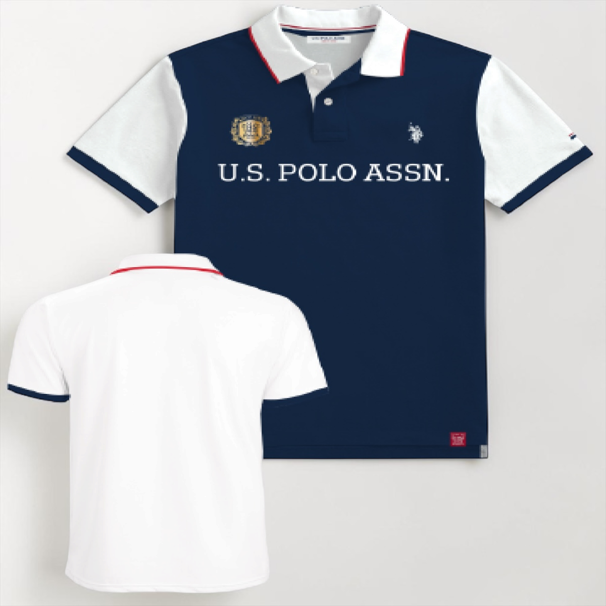 Camiseta polo www.treshop.com.co bicolor azul marino y blanco con logotipo bordado y cuello clásico para hombre