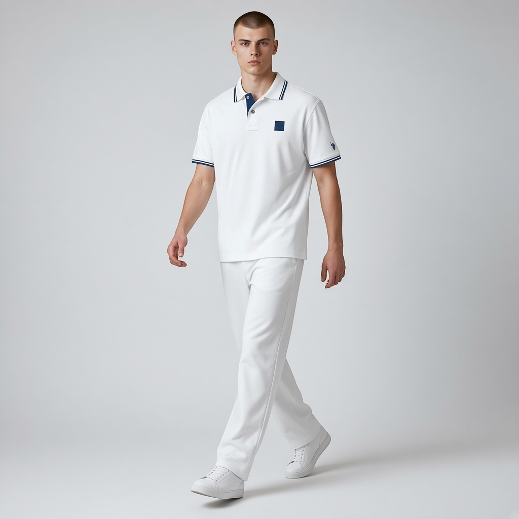 Hombre vistiendo polo blanco de algodón piqué con detalles azules y logo bordado de www.treshop.com.co