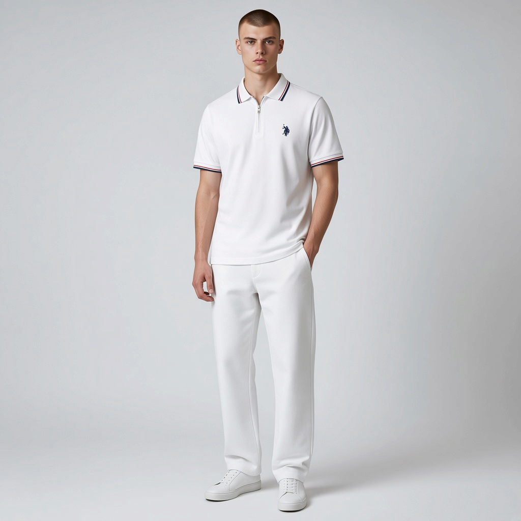 Hombre vistiendo polo blanco con cremallera y detalles en azul y rojo de www.treshop.com.co con pantalones a juego
