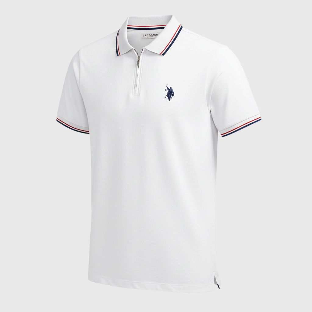 Polo blanco para hombre www.treshop.com.co con cierre de cremallera, detalles en azul y rojo y logo bordado en el pecho