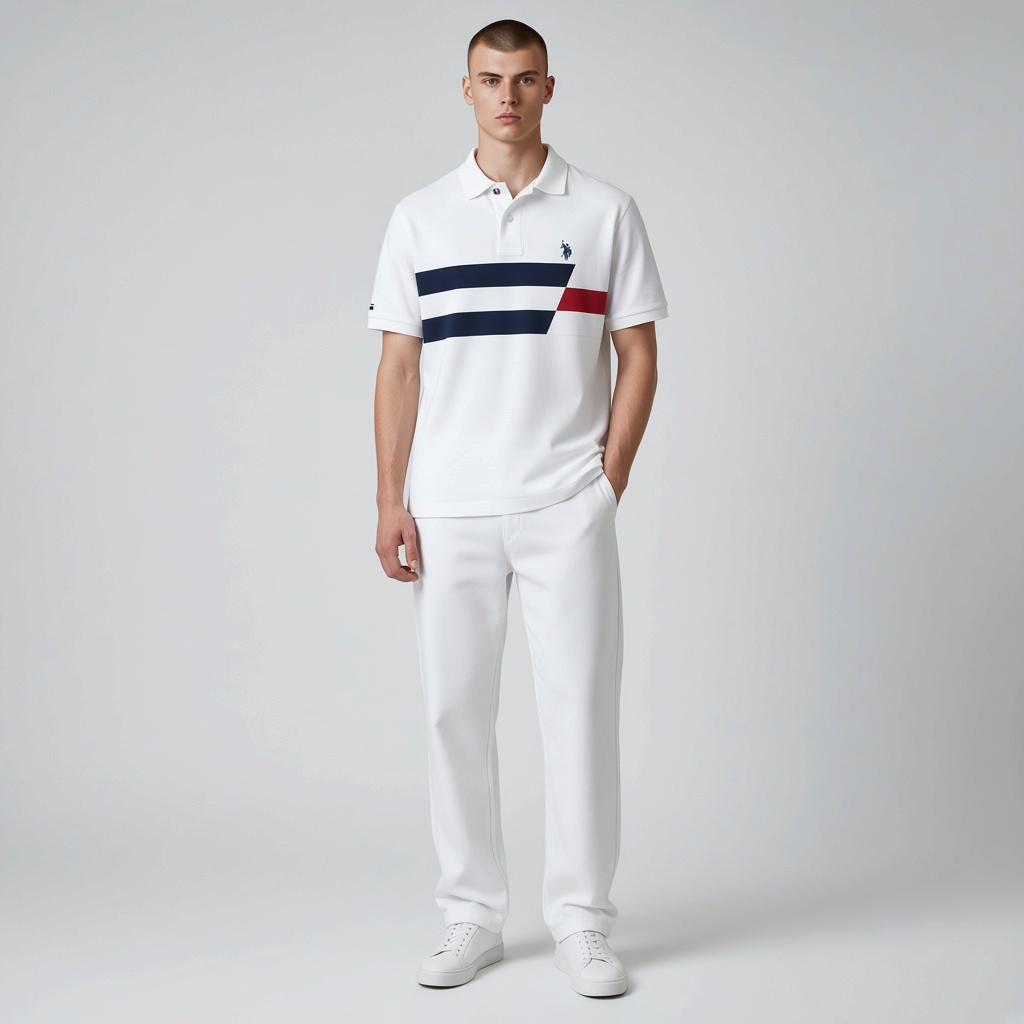 Hombre vistiendo polo blanco www.treshop.com.co con bloques azul marino y rojo y logo bordado en el pecho