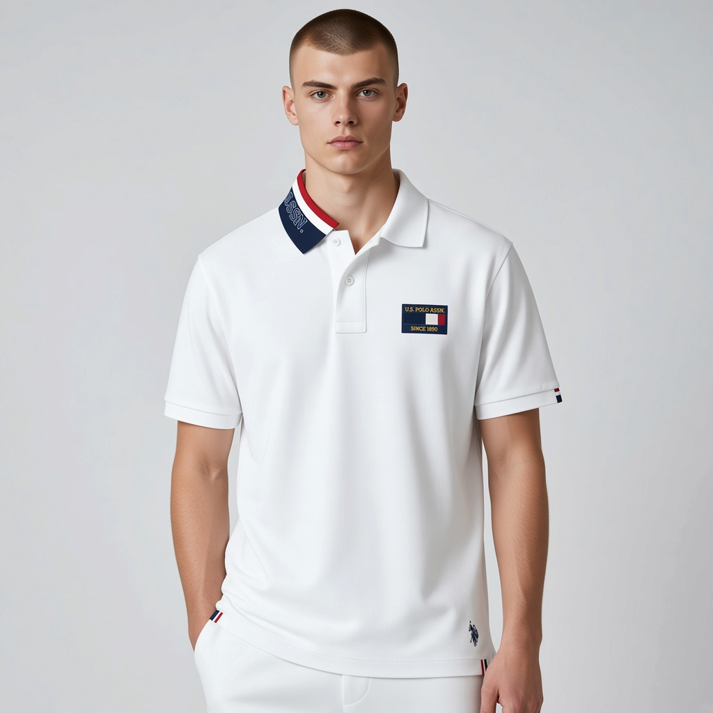 Hombre vistiendo polo blanco www.treshop.com.co con cuello estampado, parche bordado en pecho y detalles en contraste