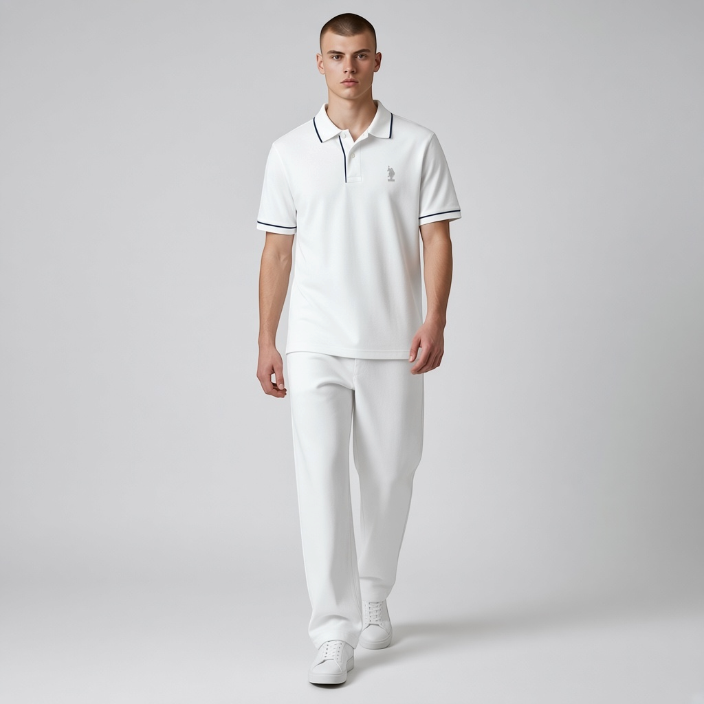 Hombre vistiendo polo blanco www.treshop.com.co con detalles en contraste, logo bordado y pantalones blancos a juego.