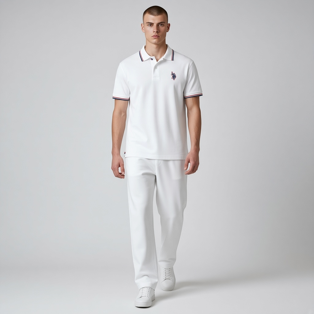 Hombre vistiendo polo blanco U.S. POLO ASSN. de www.treshop.com.co con ribetes tricolor y logo bordado en el pecho