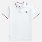 Camiseta polo blanca para hombre www.treshop.com.co con ribetes tricolor en cuello y mangas y logo bordado en el pecho
