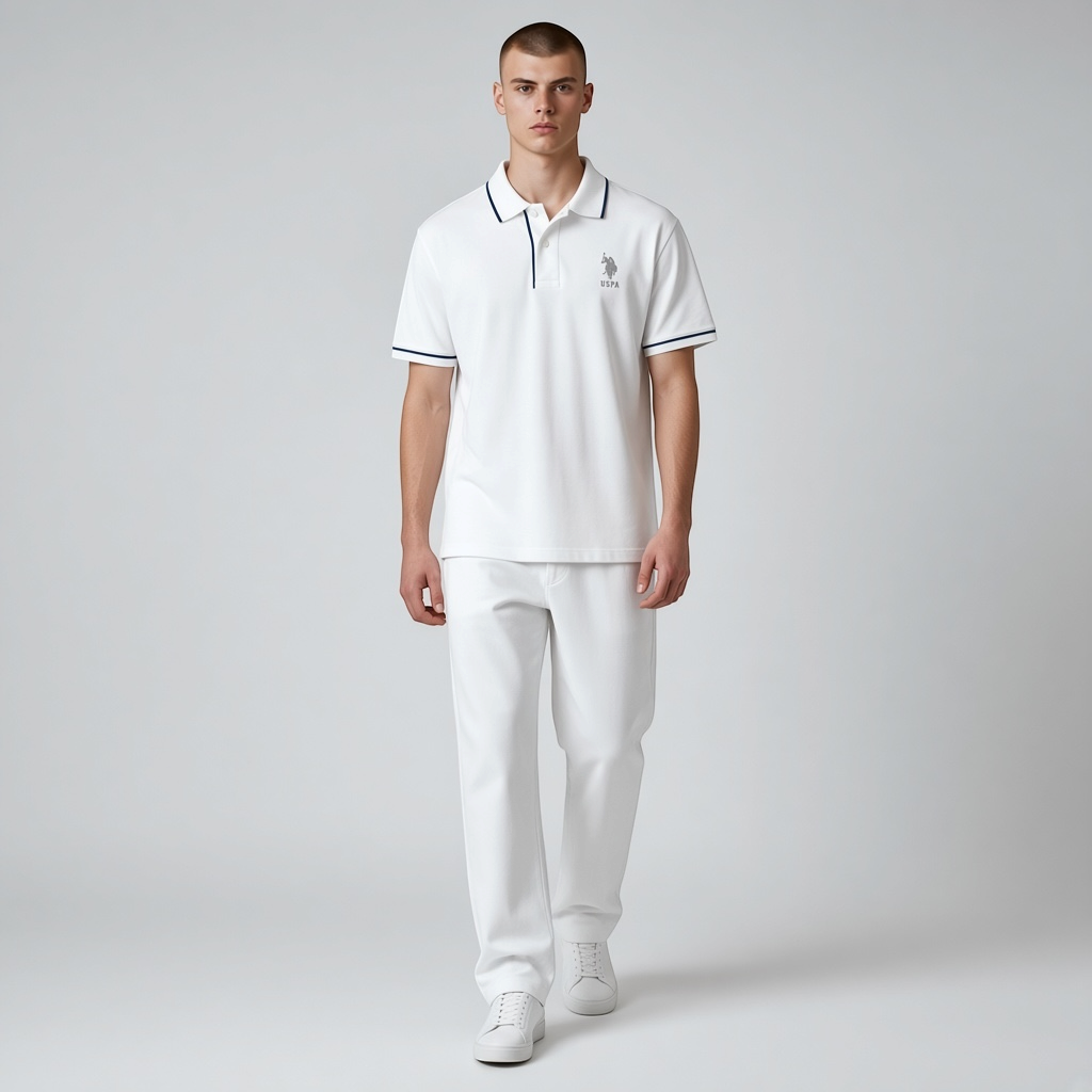 Modelo vistiendo polo blanco de corte amplio www.treshop.com.co con detalles en contraste y logo bordado en el pecho