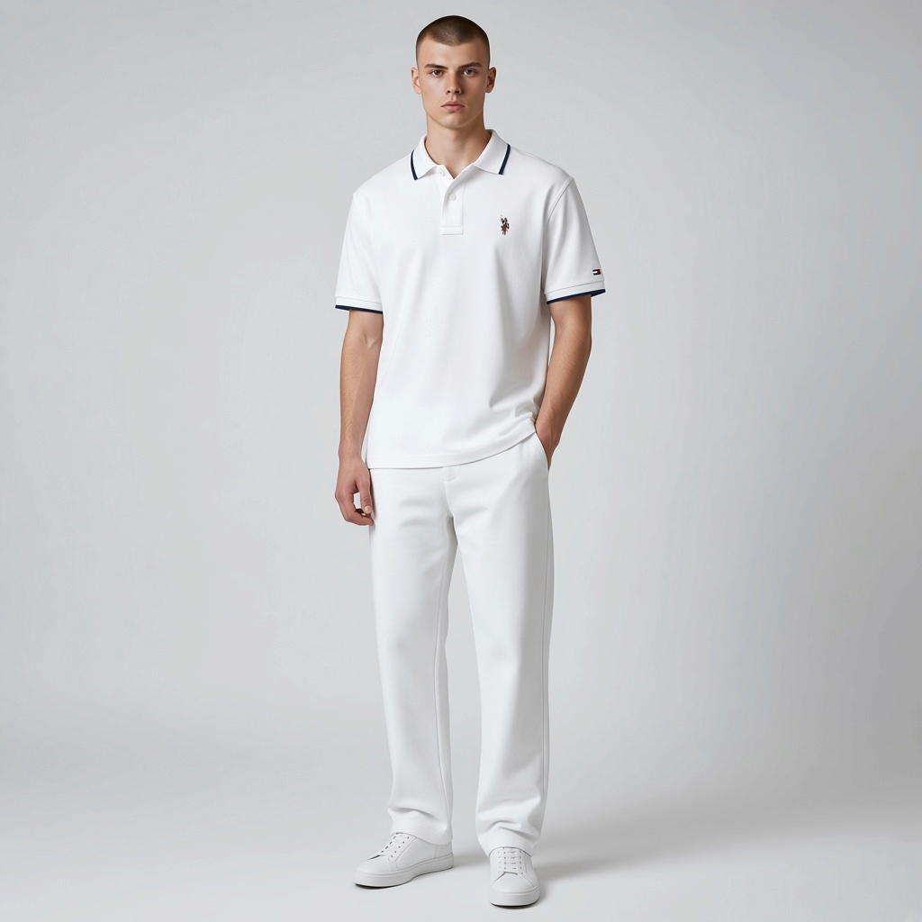 Hombre vistiendo polo blanco www.treshop.com.co con detalles en contraste, cuello clásico y logo bordado en el pecho.