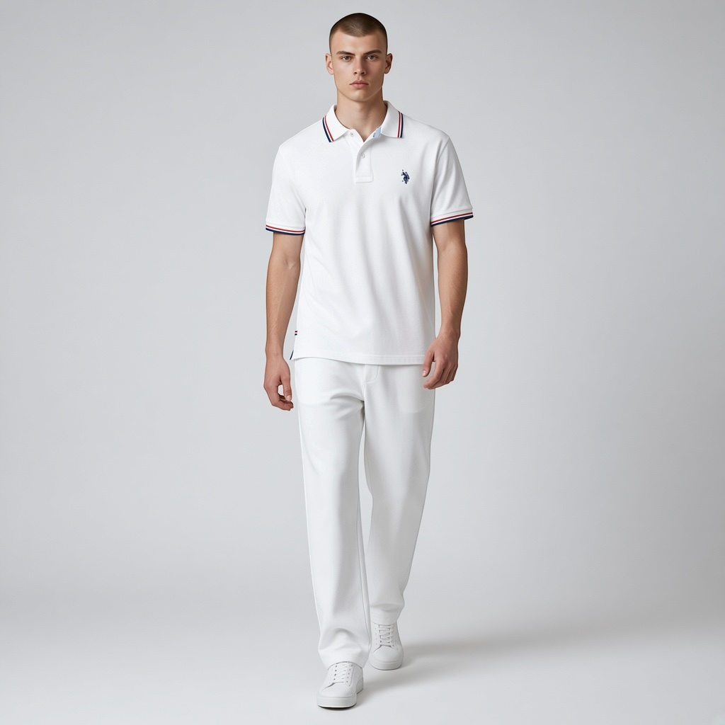 Hombre vistiendo polo blanco U.S. POLO ASSN. de www.treshop.com.co con detalles tricolores en cuello y mangas