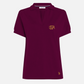 Polo burdeos para mujer de www.treshop.com.co con cuello en V y logotipo dorado bordado en el pecho
