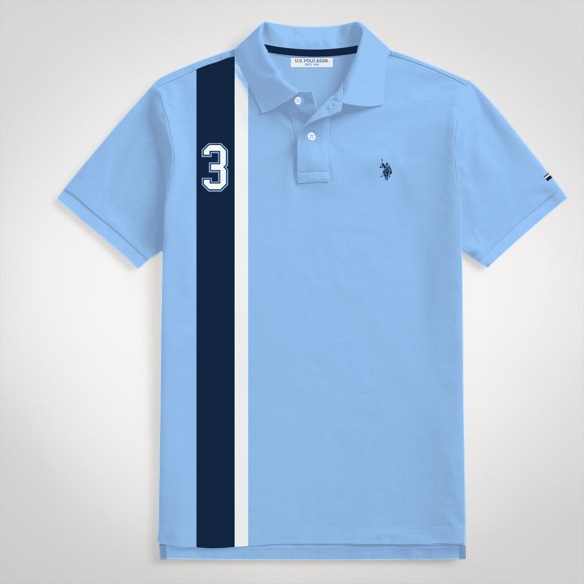 Polo www.treshop.com.co celeste de algodón piqué con franja vertical azul marino, número 3 y logo bordado