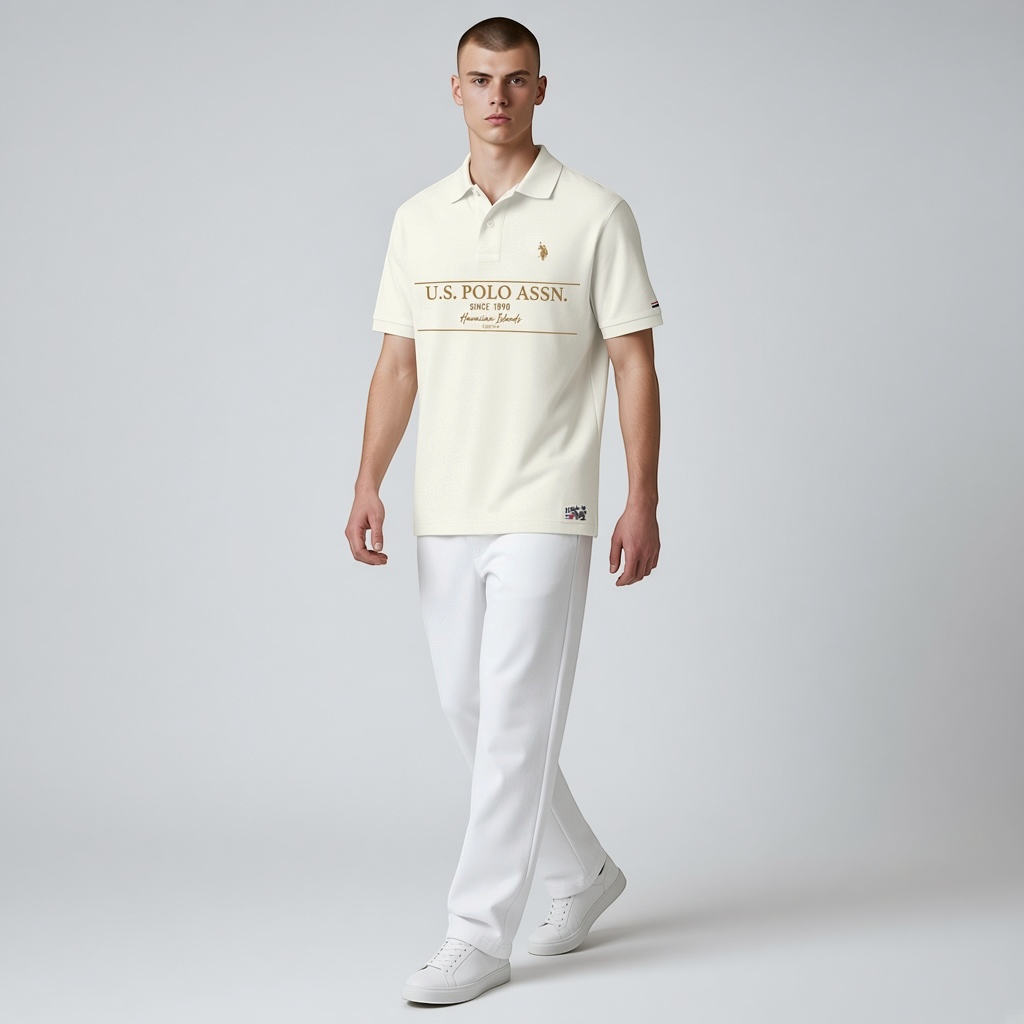 Hombre vistiendo polo crema de manga corta U.S. POLO ASSN. con logo estampado y pantalones blancos en www.treshop.com.co