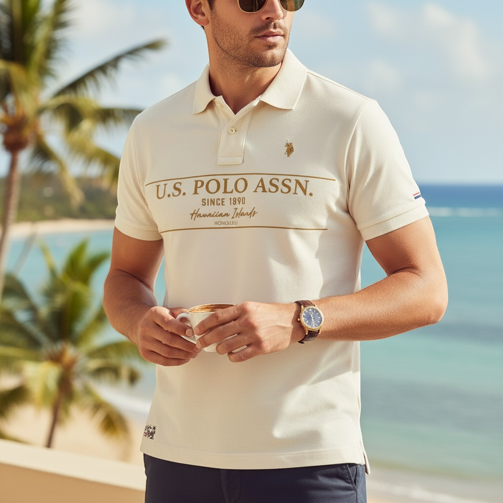 Hombre con polo crema U.S. POLO ASSN. de manga corta y estampado frontal, estilo casual en playa de www.treshop.com.co
