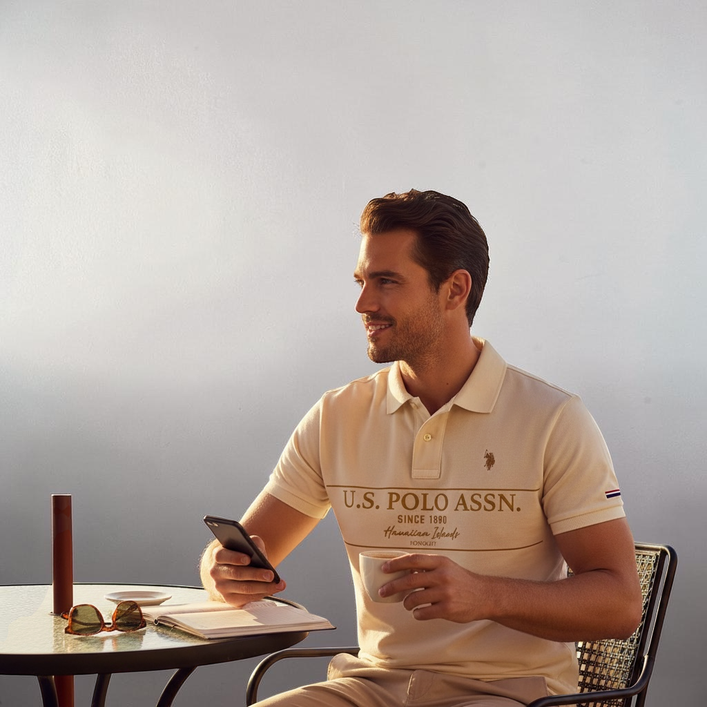 Hombre con polo crema U.S. Polo Assn. de algodón con estampado frontal, sentado en una mesa con café y móvil