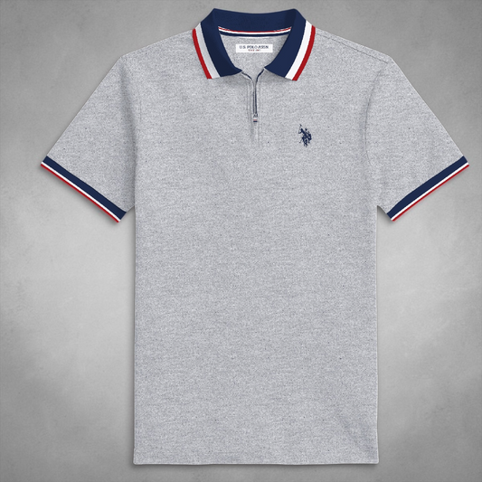 Polo www.treshop.com.co gris de algodón piqué con cierre frontal, cuello y mangas con detalles en azul, rojo y blanco