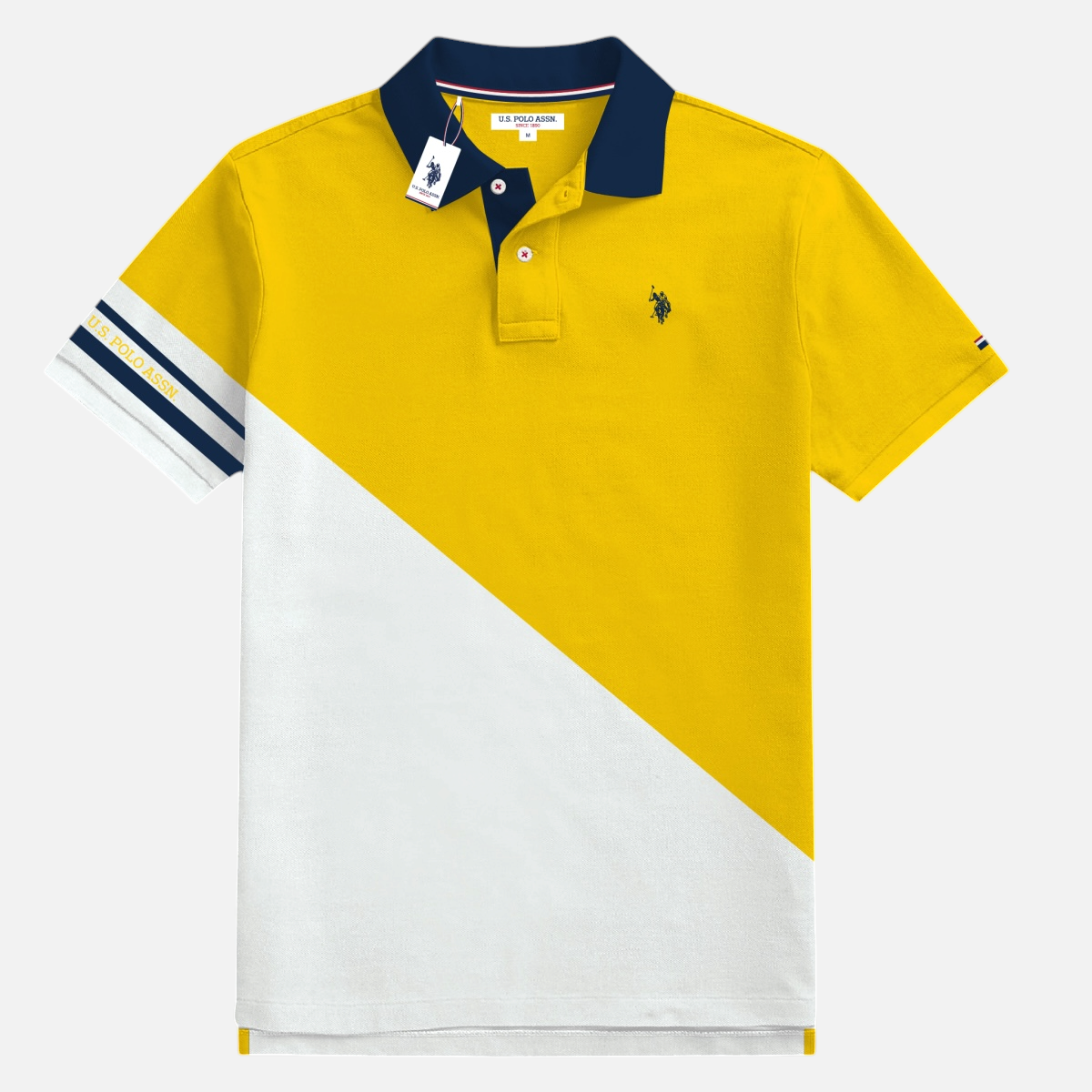 Camiseta polo para hombre www.treshop.com.co con diseño bicolor amarillo y blanco, cuello azul marino y logo bordado.