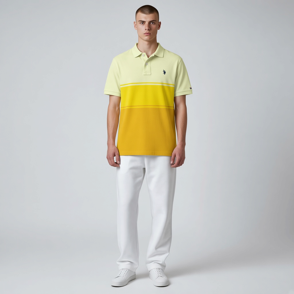 Modelo vistiendo polo de algodón www.treshop.com.co con estampado degradado en tonos amarillos y logo bordado. Marca U.S. Polo Assn.