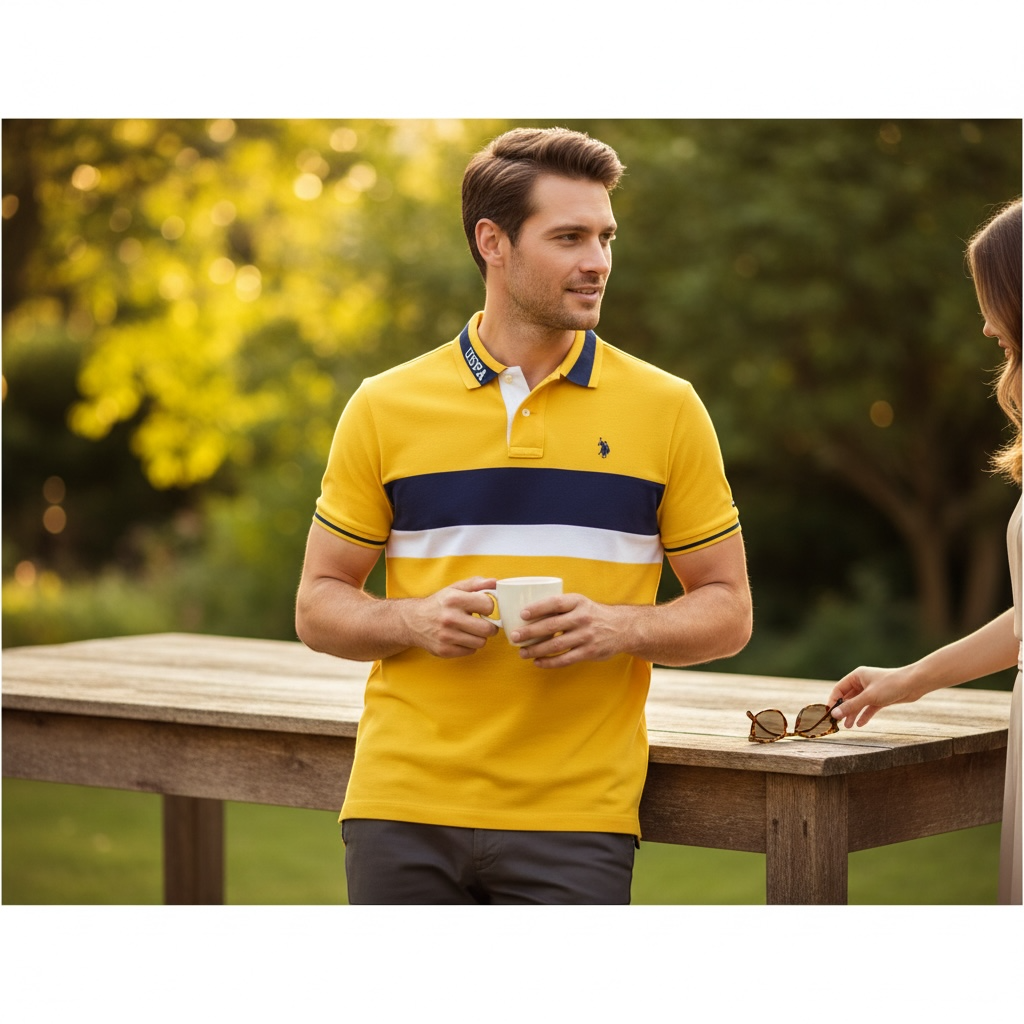Hombre vistiendo polo amarillo con rayas azul marino y blanco de www.treshop.com.co en un jardín al atardecer.