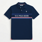 Polo www.treshop.com.co azul marino de algodón piqué con logo bordado y franjas horizontales en el pecho