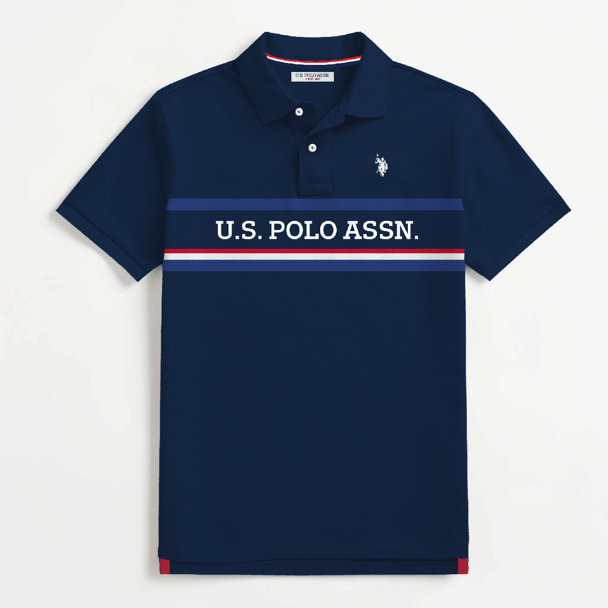 Polo www.treshop.com.co azul marino de algodón piqué con logo bordado y franjas horizontales en el pecho