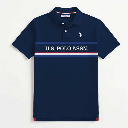 Polo www.treshop.com.co azul marino de algodón piqué con logo bordado y franjas horizontales en el pecho