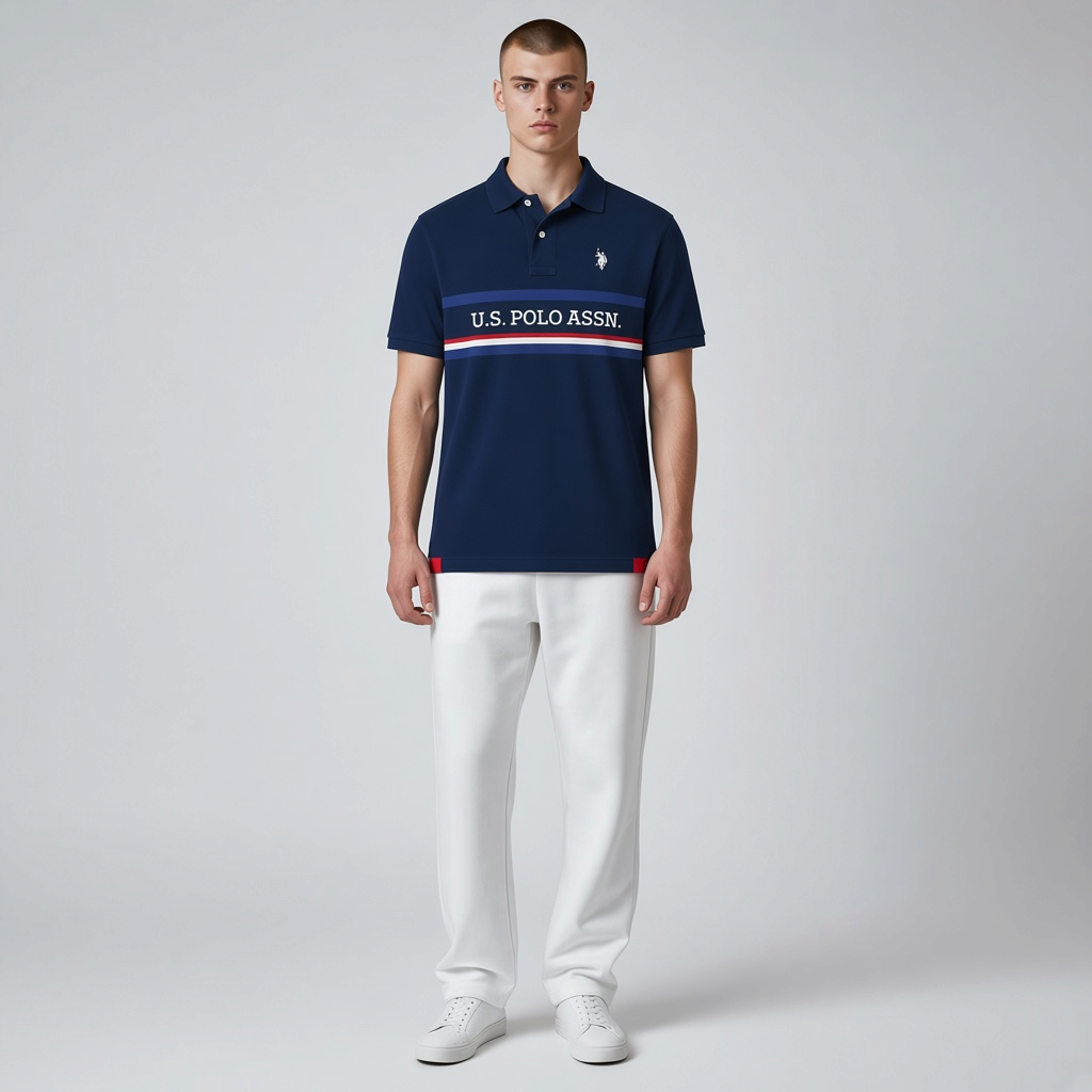 Polo azul marino de algodón piqué con logo bordado y franjas de www.treshop.com.co en ajuste regular