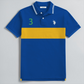 Polo www.treshop.com.co de algodón piqué azul con franja amarilla, logo bordado y número 3 en talla grande
