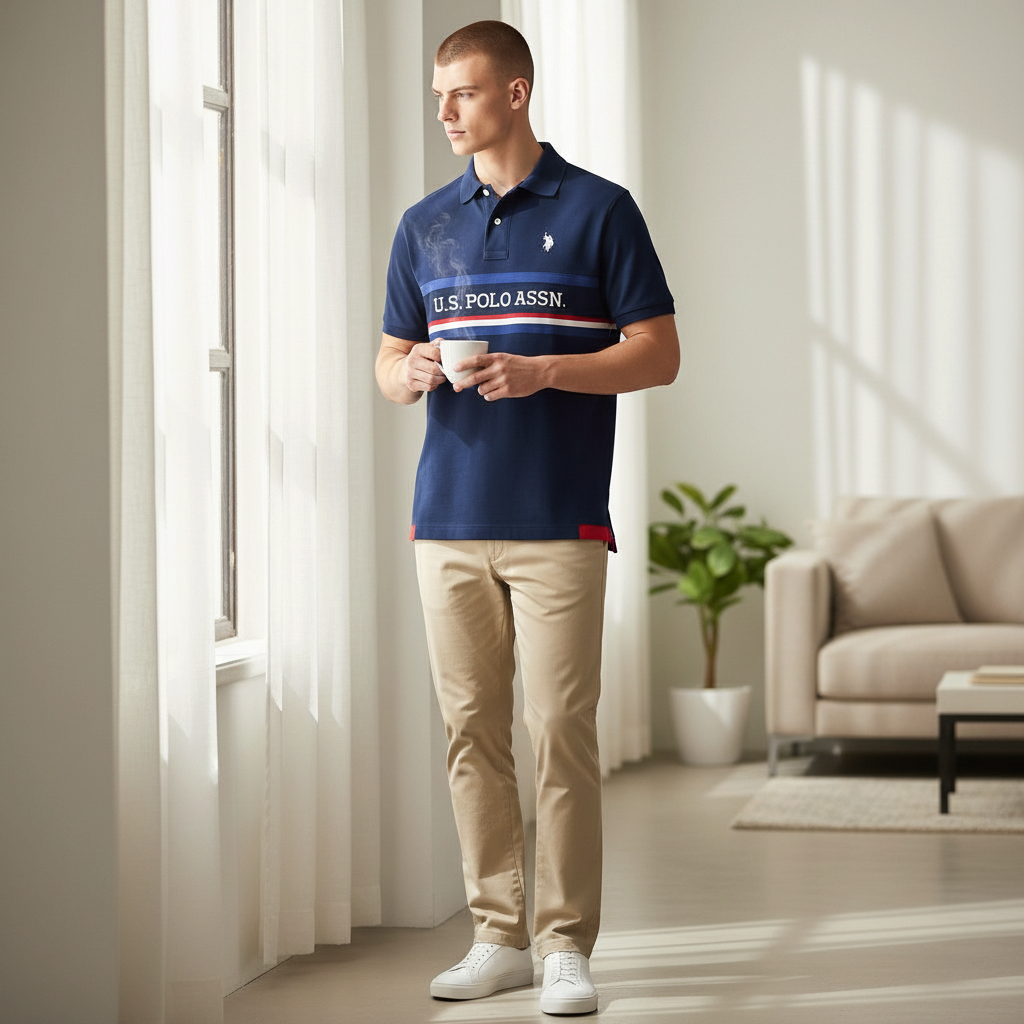 Hombre vistiendo polo azul marino de algodón piqué con logo bordado de www.treshop.com.co junto a una ventana