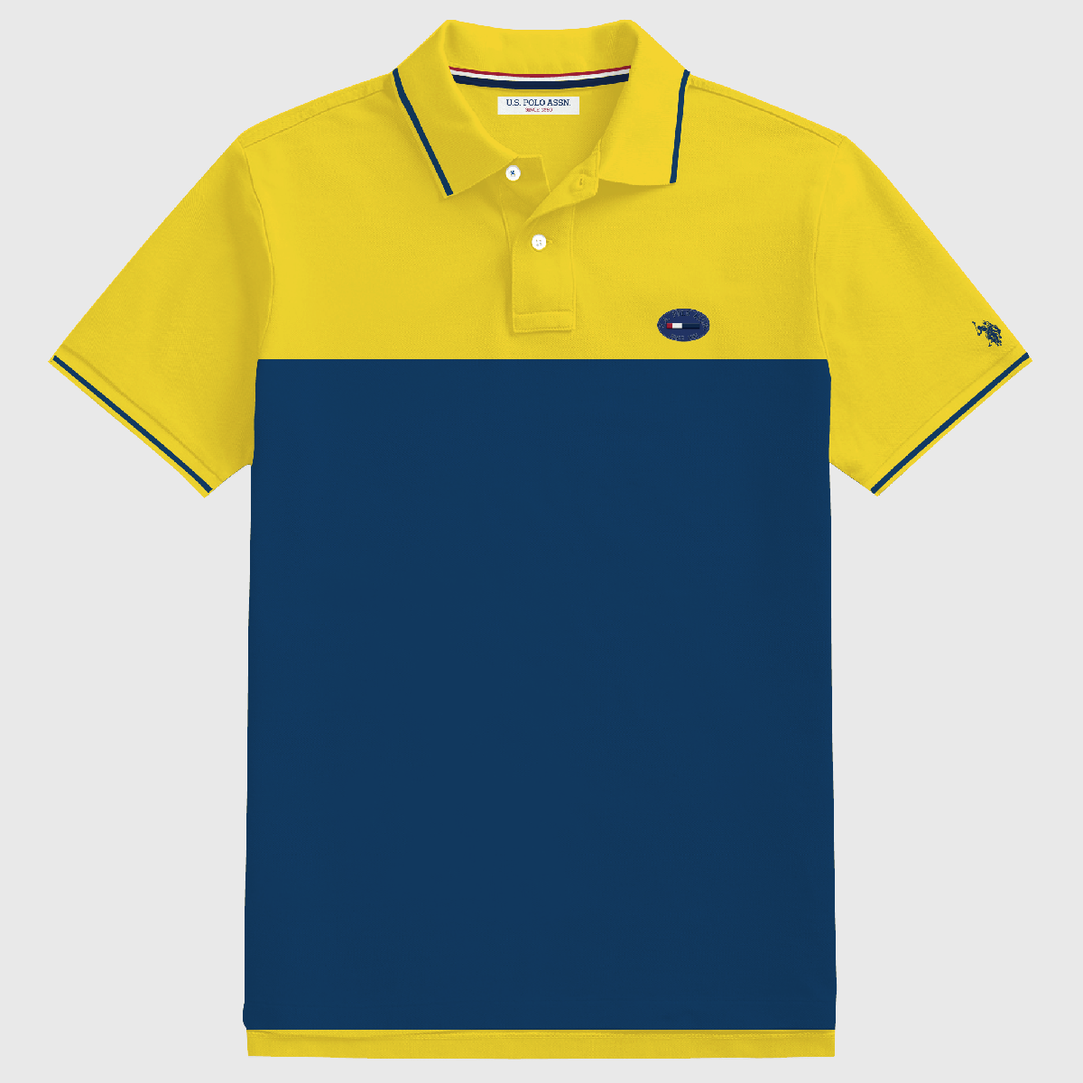 Camisa polo www.treshop.com.co de algodón con bloques de color amarillo y azul marino y logo bordado para hombre