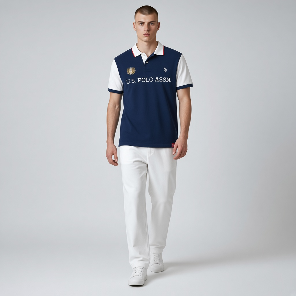 Hombre vistiendo polo bicolor azul marino y blanco de www.treshop.com.co con logotipo bordado y cuello clásico