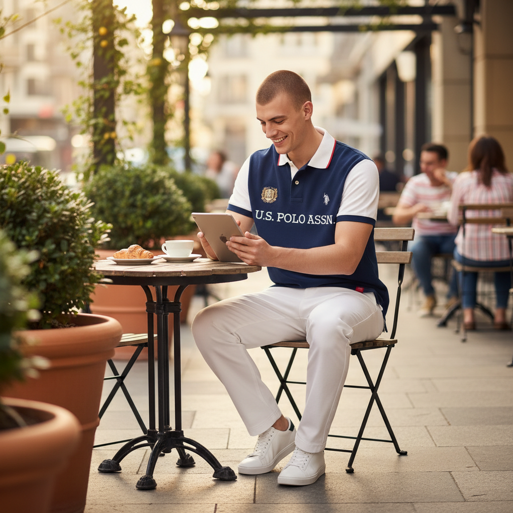 Hombre usando polo bicolor azul marino y blanco de www.treshop.com.co con logo bordado en una terraza de café