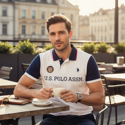 Hombre vistiendo polo bicolor U.S. POLO ASSN. de www.treshop.com.co con logotipos bordados en una terraza urbana.