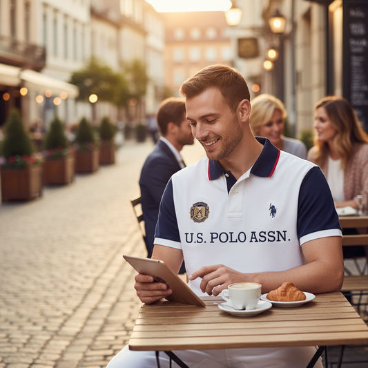 Hombre con polo bicolor U.S. Polo Assn. blanco y azul marino sentado en una terraza de www.treshop.com.co
