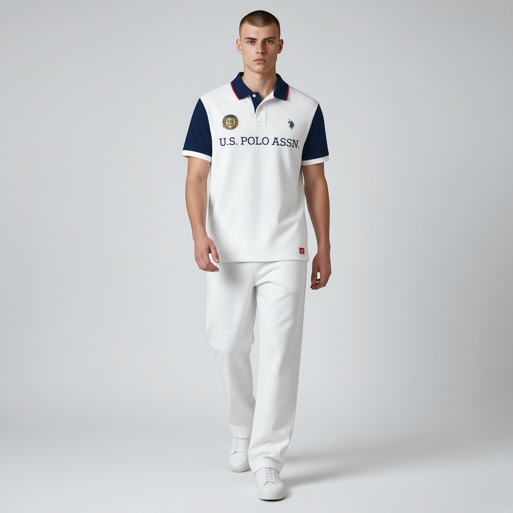 Hombre vistiendo polo bicolor blanco y azul marino de www.treshop.com.co con logotipo bordado y cuello en contraste