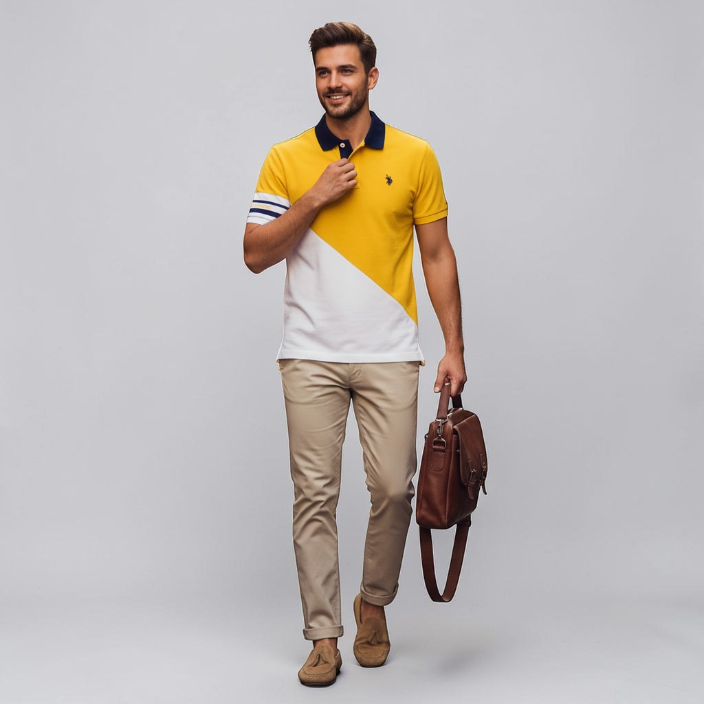 Hombre vistiendo polo U.S. POLO ASSN. de www.treshop.com.co con diseño bicolor amarillo y blanco y cuello azul marino