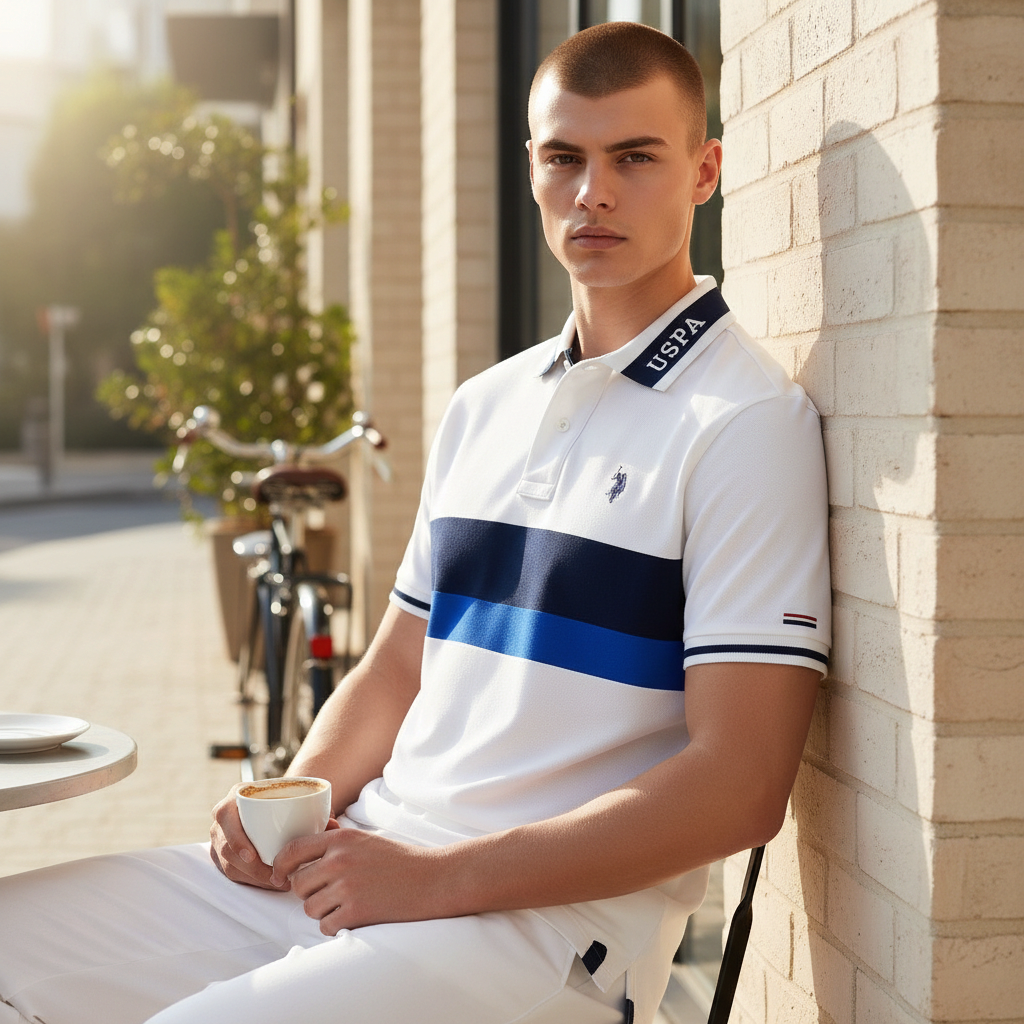 Hombre con polo blanco y azul de www.treshop.com.co con bloques de color, cuello con logo y diseño casual elegante