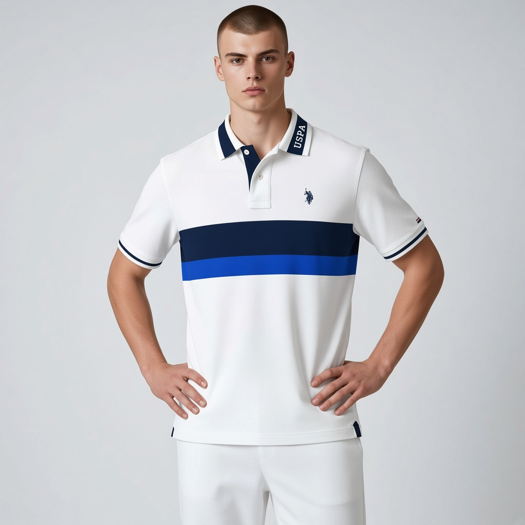 Hombre vistiendo polo www.treshop.com.co blanco con bloques azul marino y azul rey, cuello con logo USPA y manga corta