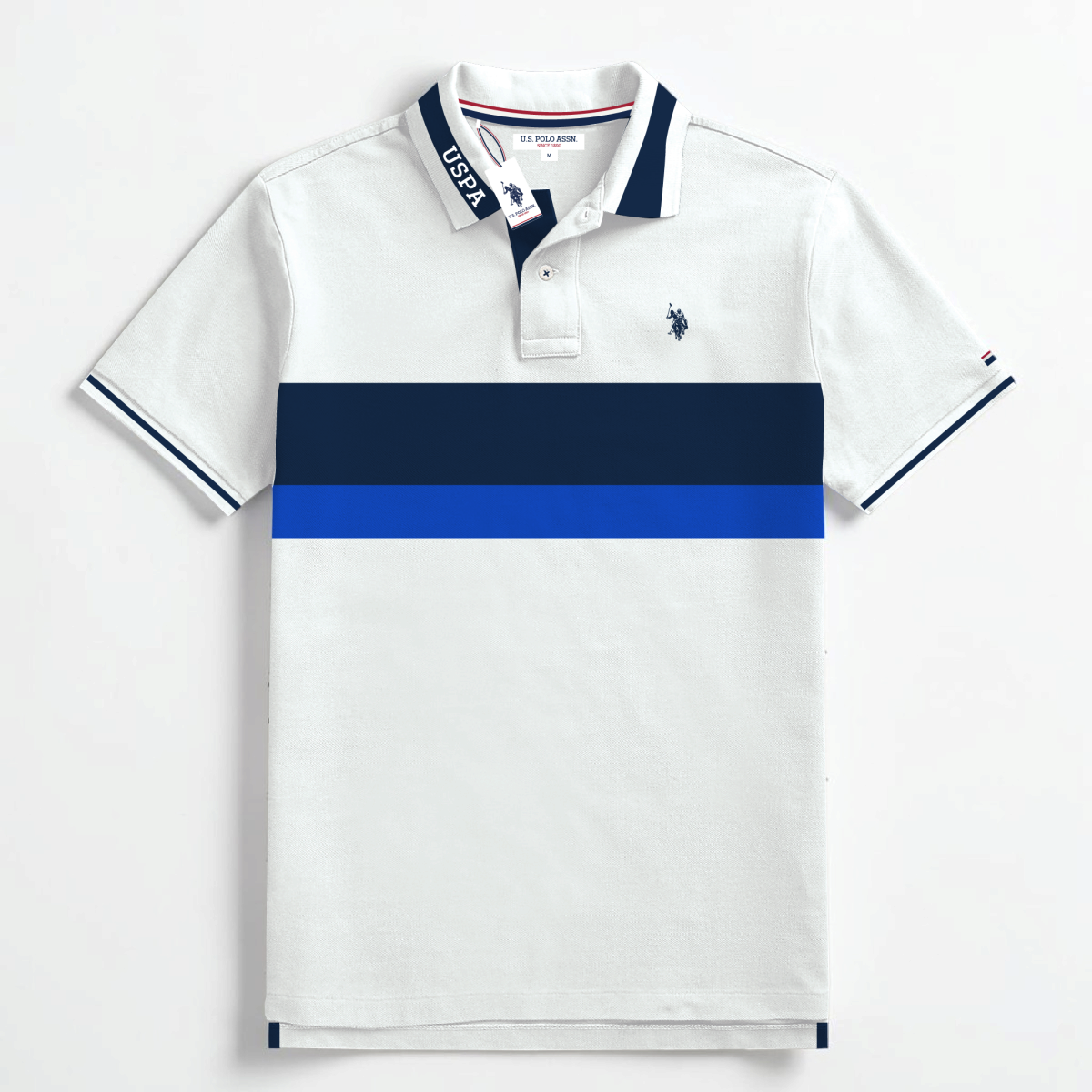 Polo www.treshop.com.co U.S. Polo Assn. blanco con bloques horizontales azul marino y azul brillante para hombre