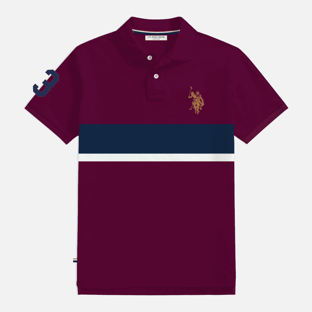 Polo para hombre www.treshop.com.co color burdeos con franjas azul marino y blanco y logo bordado en el pecho