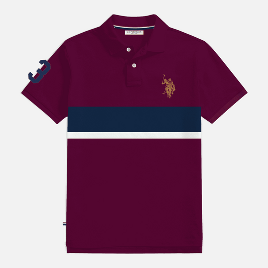 Polo para hombre www.treshop.com.co color burdeos con franjas azul marino y blanco y logo bordado en el pecho