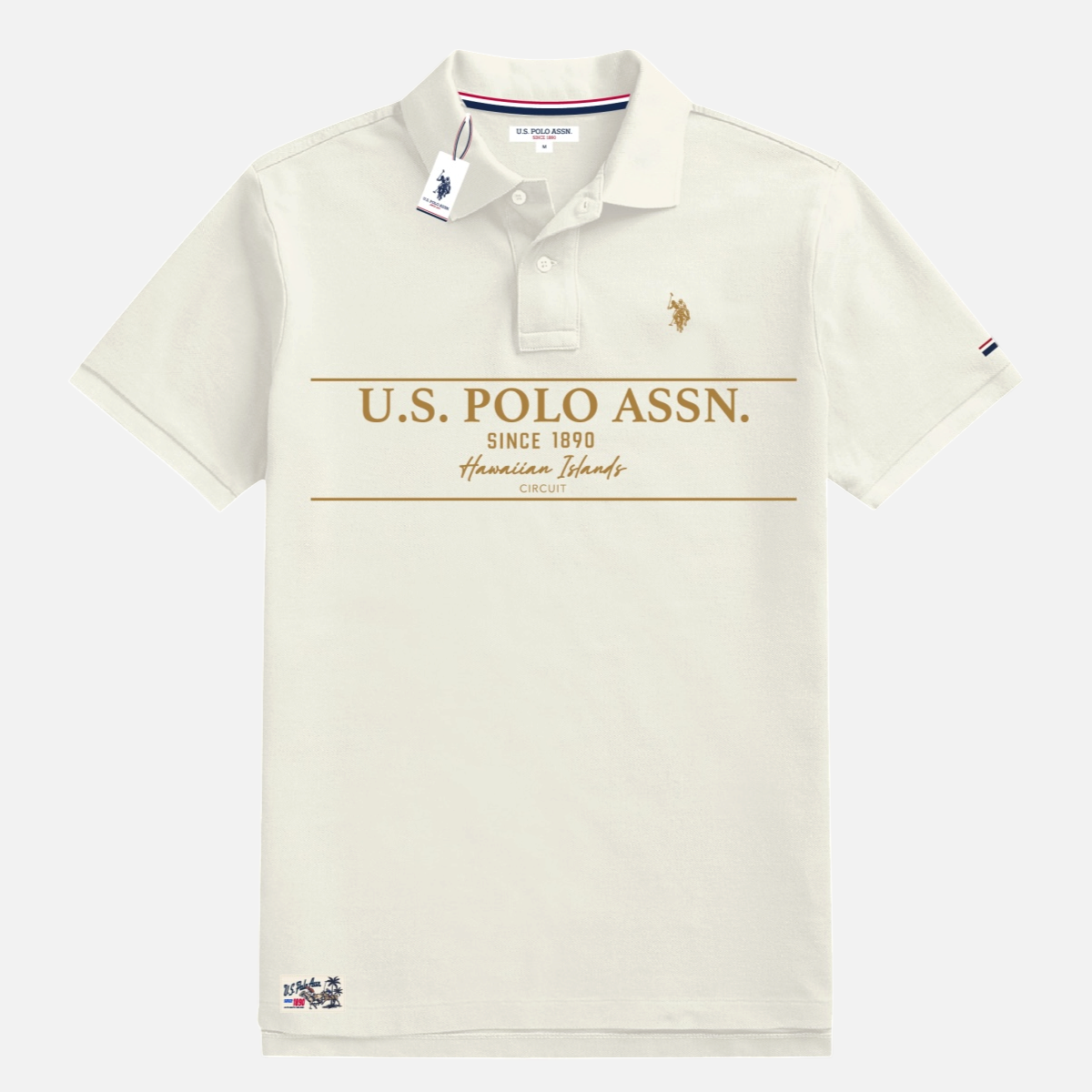 Polo de hombre www.treshop.com.co color crema con logo bordado y estampado frontal estilo hawaiano de manga corta