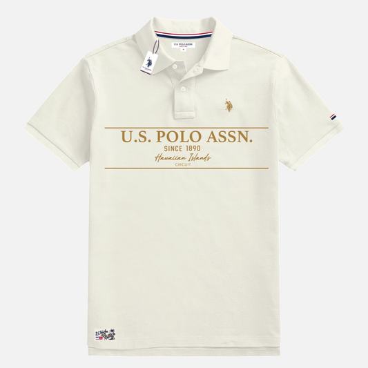 Polo de hombre www.treshop.com.co color crema con logo bordado y estampado frontal estilo hawaiano de manga corta