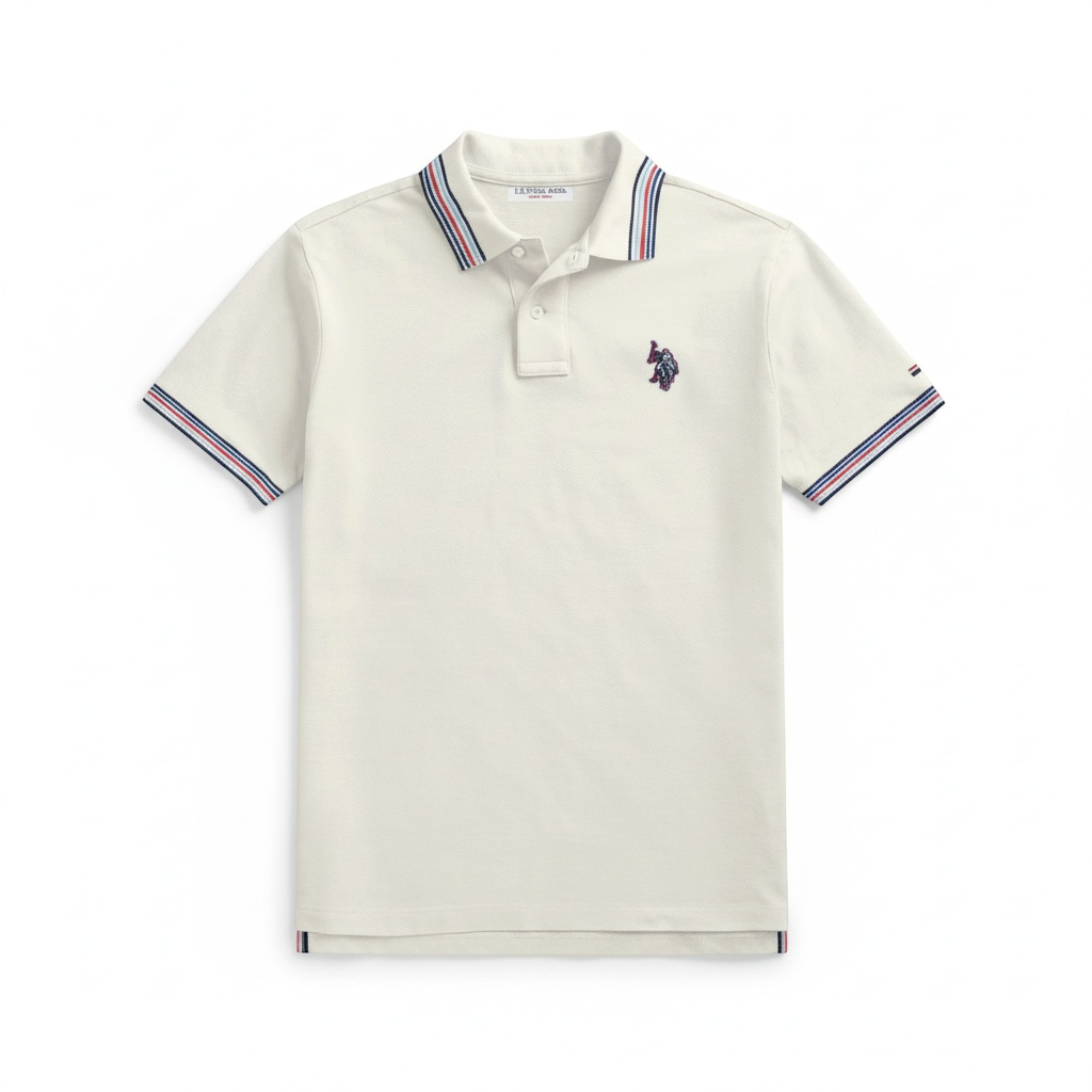 Polo para hombre www.treshop.com.co de algodón color crema con cuello y mangas de rayas tricolores y logo bordado