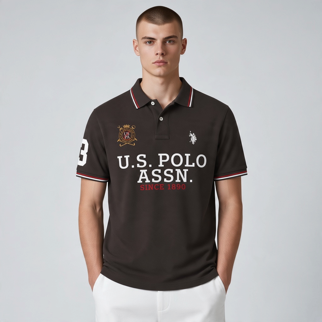 Hombre vistiendo polo oscuro U.S. Polo Assn. con logo bordado, cuello y puños a rayas, disponible en www.treshop.com.co