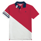 Polo para hombre www.treshop.com.co rojo y blanco con diseño diagonal, cuello azul y detalles deportivos en manga