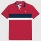 Polo www.treshop.com.co para hombre en color rojo con franjas horizontales azul marino y blanco y logo bordado